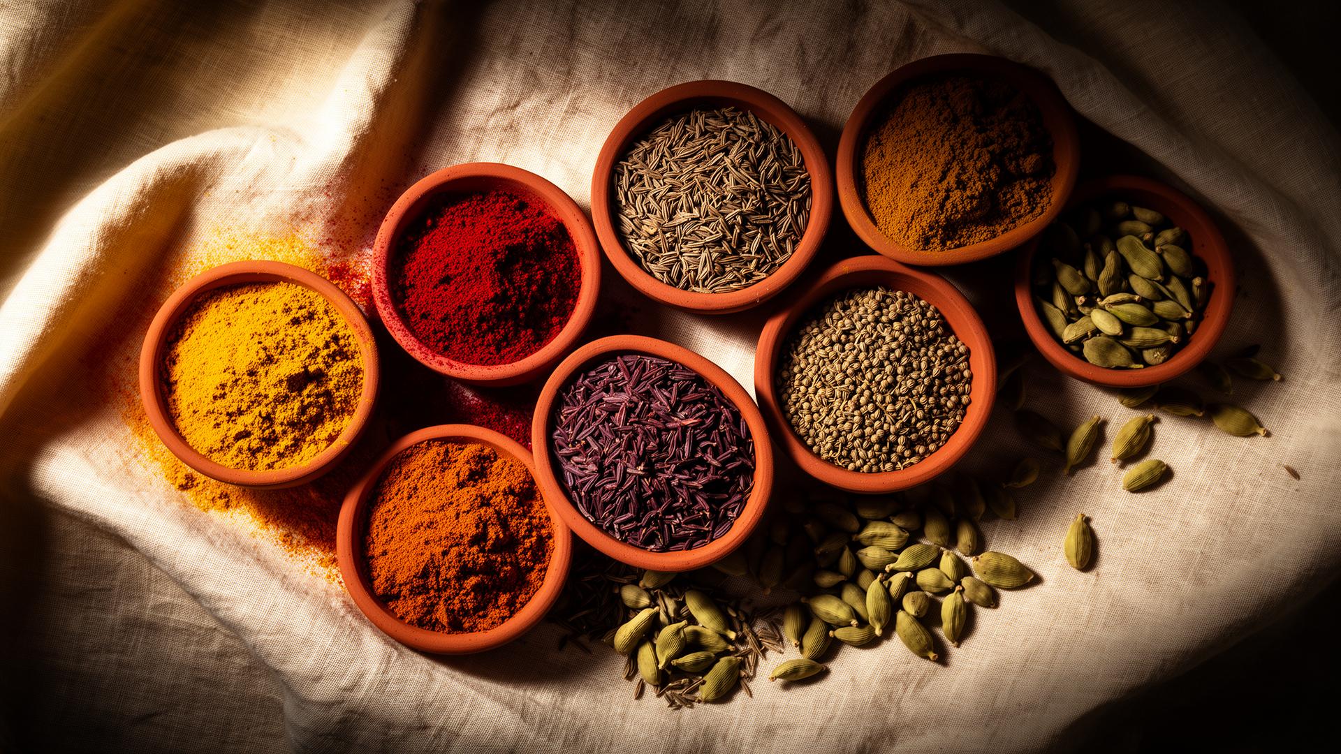 Vibrant Gujarati spices in terracotta bowls