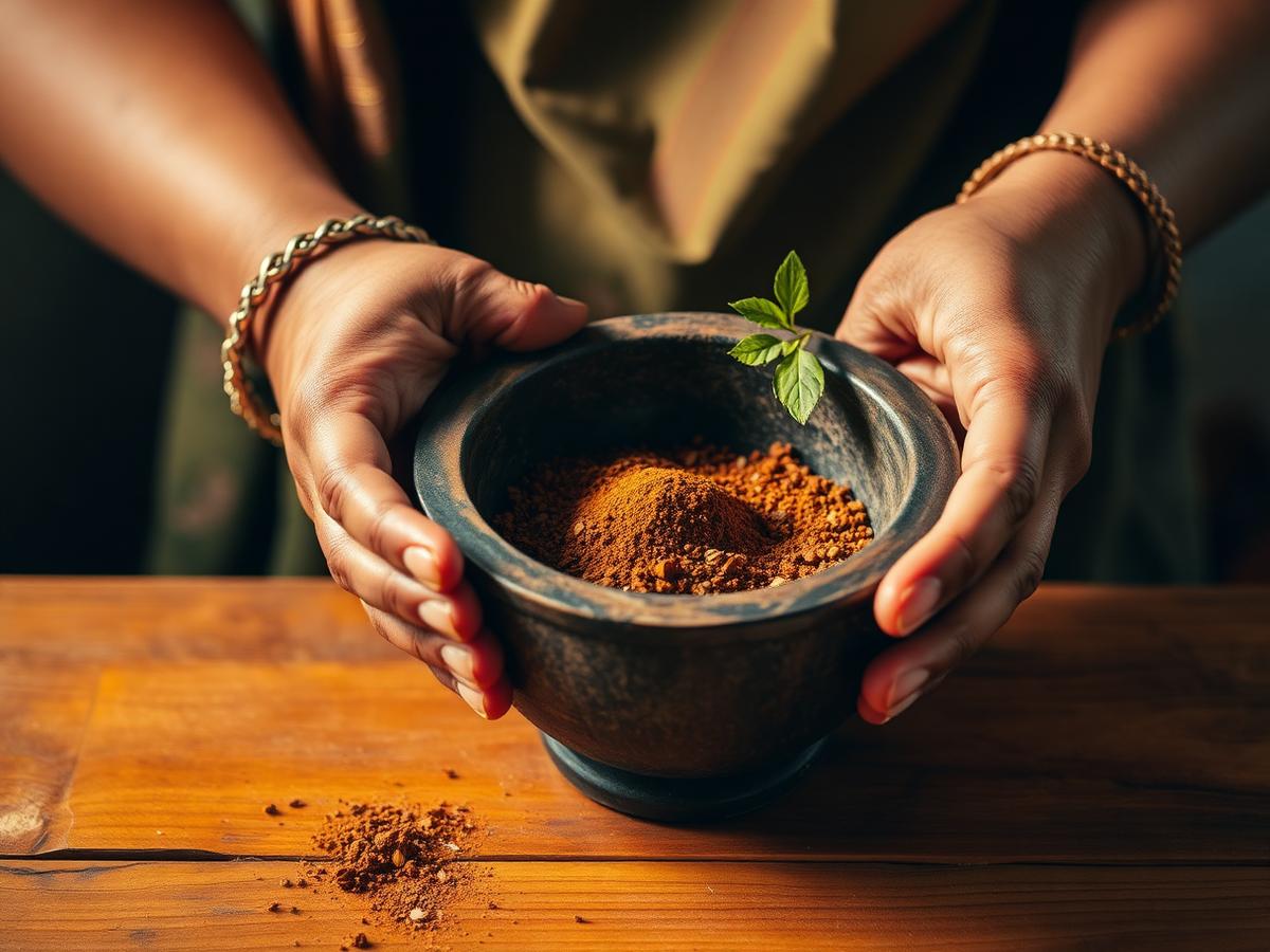 Hands grinding garam masala in a stone mortar